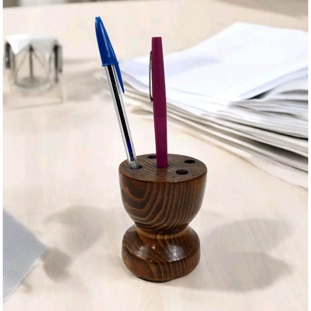 Vtg Pencil Pen Holder Handmade Turned Wood Folk Art Office Desk Decor EUC